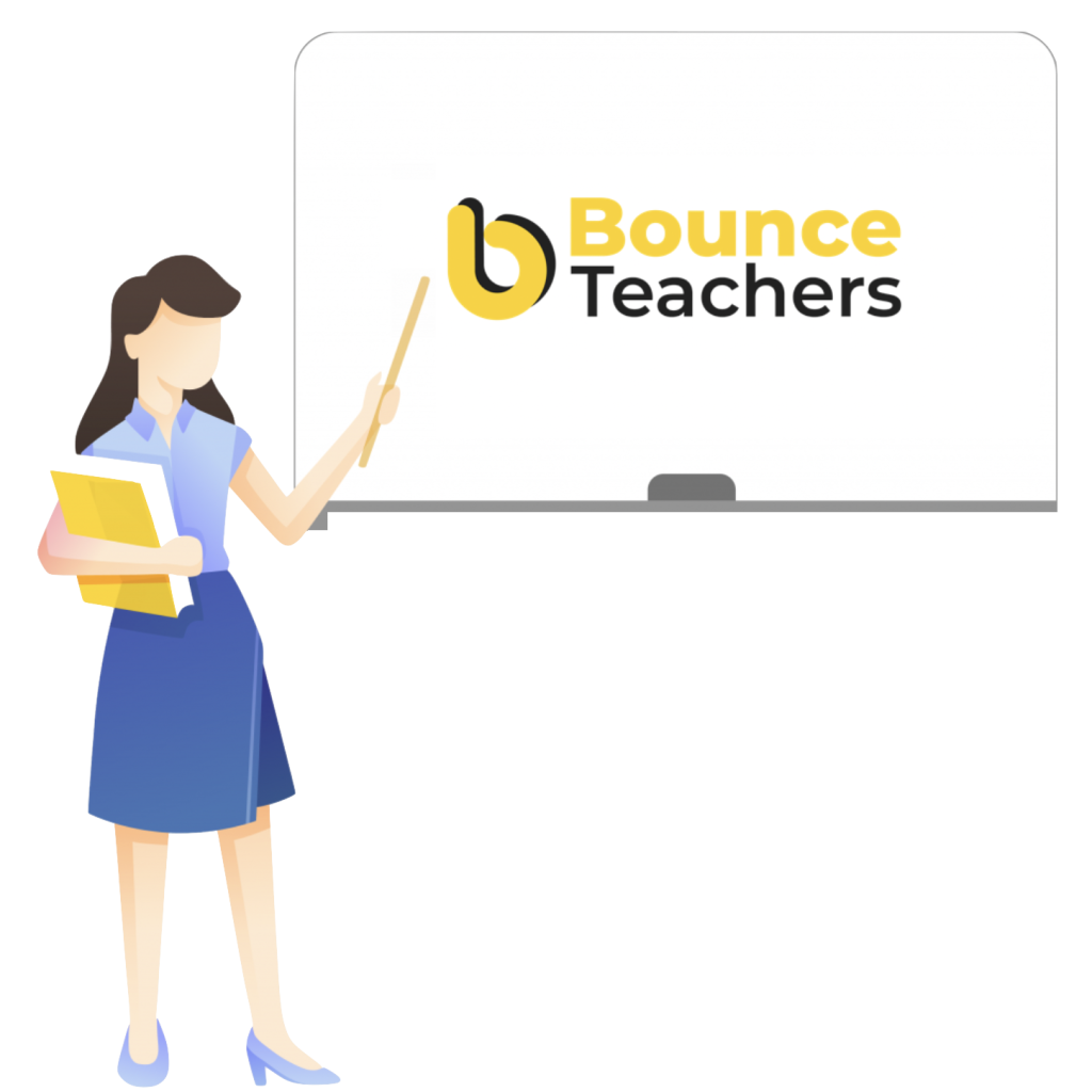 Teacher pointing towards a whiteboard with Bounce Teachers logo